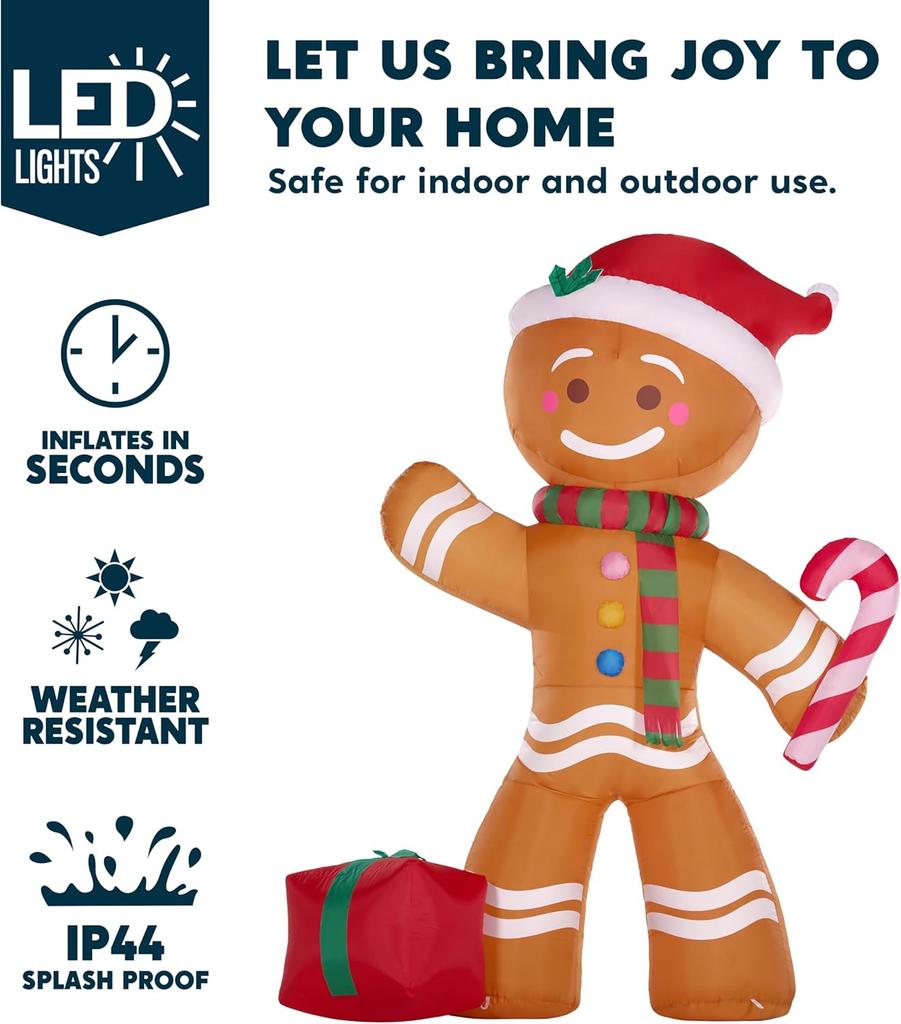 8 FT Xmas Inflatable Gingerbread Man featuring Candy Cane featuring Build-in LEDs designed for Xams Celebration Outdoor Dcor