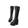 Hot Sale Spring Autumn Lacing Knee High Boots Women Fashion White Square Heel Woman Leather Shoes Winter PU Large Size 43