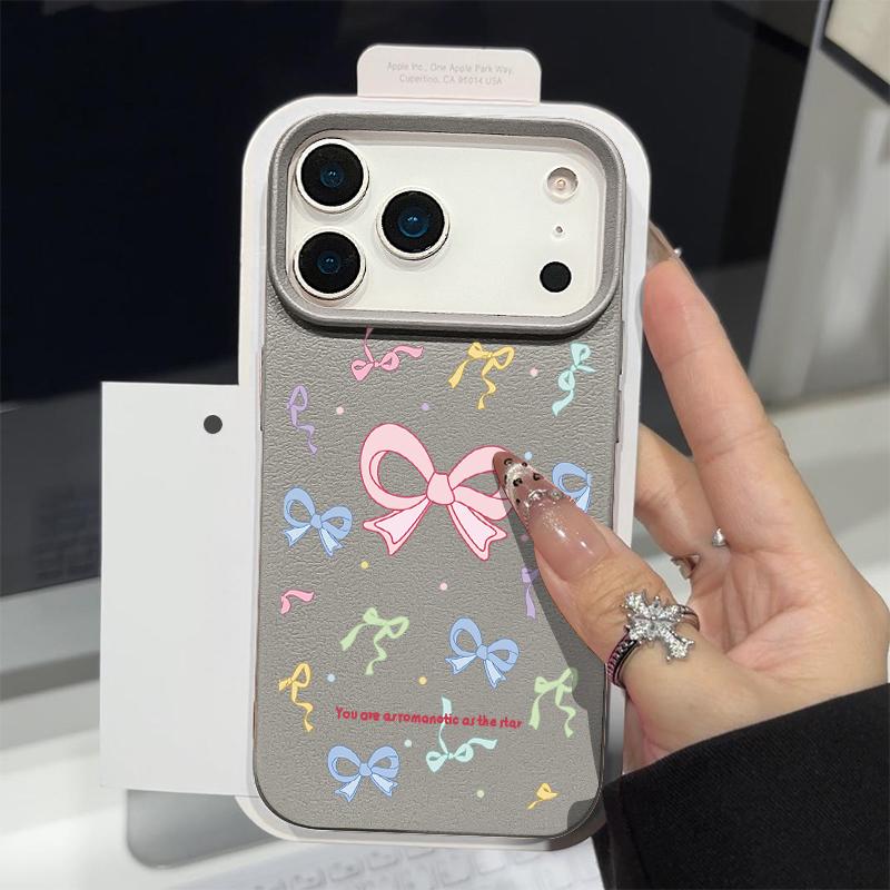 Чехол для телефона из ТПУ с текстурой кожи для iPhone 17 17e 16e 16 15 Pro Max 14 13 Pro Max 11, Розовый бант, Мягкая силиконовая задняя крышка