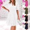 Summer Women's Flowy V-Neck Sundress Casual Hollow Out Midi Dress A-Line Tiered Eyelet Short Sleeve Beach Dress