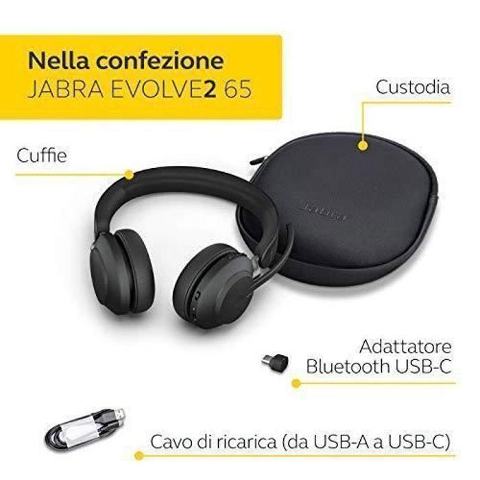 Jabra Evolve2 65 Casque PC Sans Fil Casque Audio Anti Bruit Certifie Microsoft Teams avec Batterie Longue Duree Adaptateur Blu