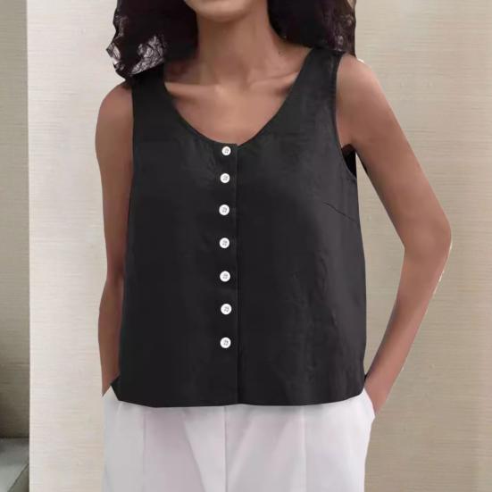 Женский летний жилет с круглым вырезом, свободные топы без рукавов, однотонные топы с планками на пуговицах, уличная одежда
