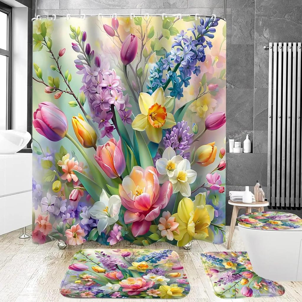 4Pcs Shower Curtain Sets,Colorful Flower Bathroom Curtains Shower Set, Bathroom Decor Sets,Shower Curtain for Bathroom with Rugs