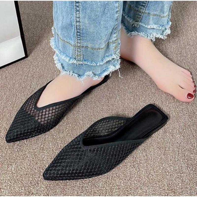 Fashion New Mesh Women Flats Pointed Toe Slippers Fad Breathable Mules Shoes Casual Slingback Sandals Summer Slides Lady Flip-flops