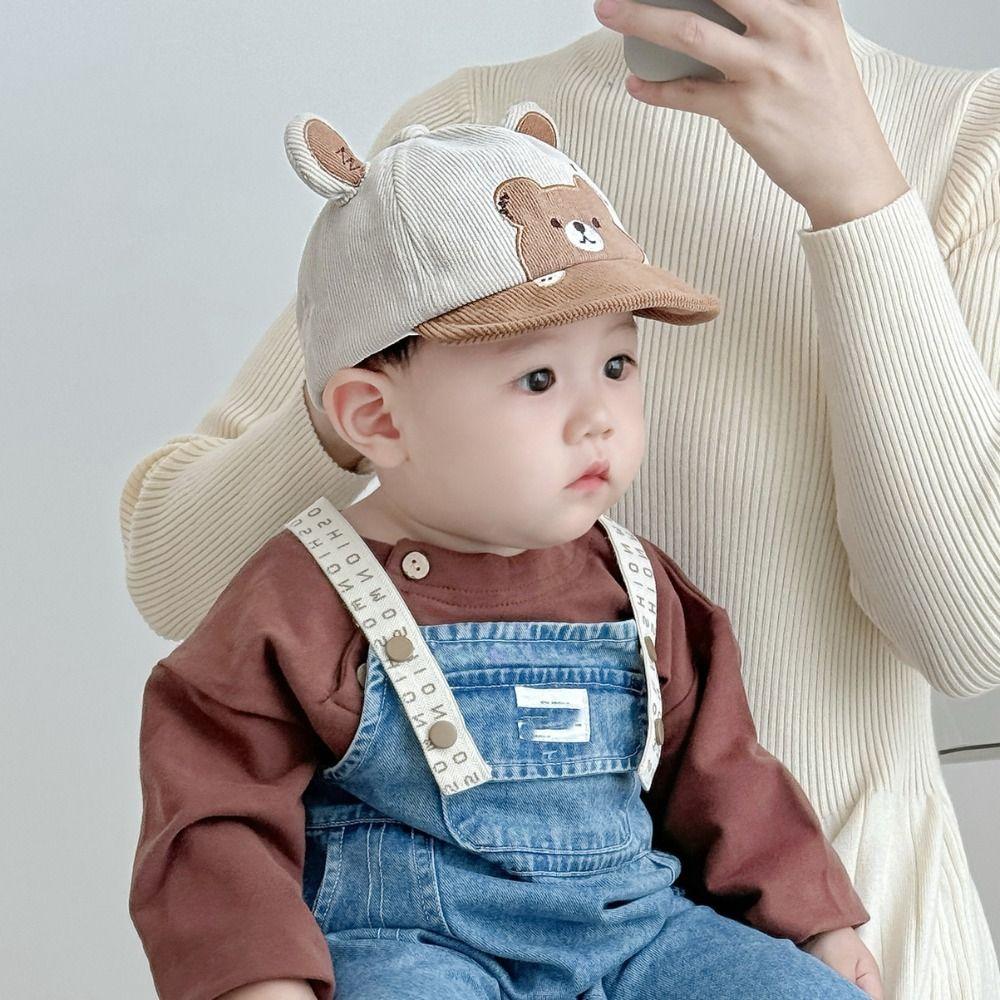Cartoon Bear Baby Sunhat Wide Brim Newborn Flat Cap Solid Color Infant Bucket Hat Toddle