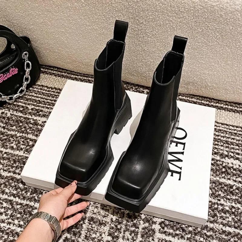 Black Leather Chelsea Boots Women Luxury Square Toe Thick Sole Non-Slip Ankle Boots Cozy Chunky Heel Platform Shoes