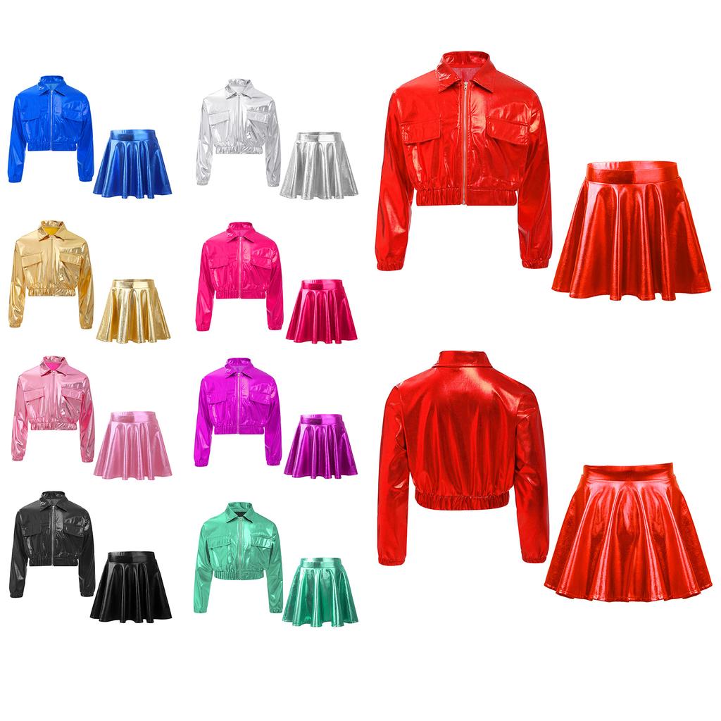 Girls Metallic Hip Hop Jazz Dance Turn Down Collar Long Sleeve Zipper Jacket Elastic Waistband Flared A-Line Skirt
