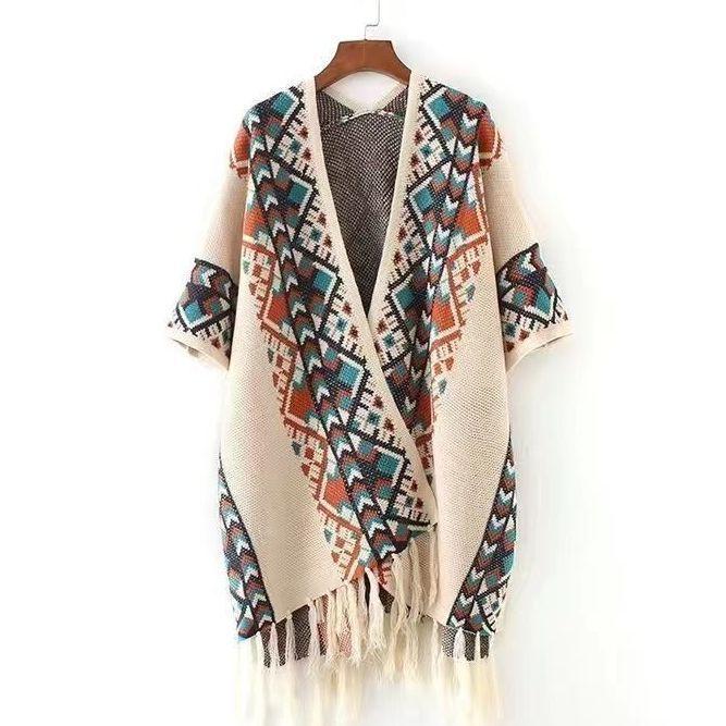 Свитер-плащ осенне-зимняя накидка для женской верхней одежды в полоску вязанной вязки