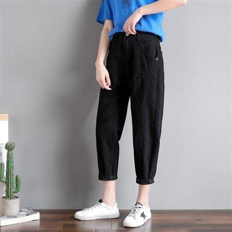 Укороченные брюки, сплошной цвет, джинсы больших размеров, женские свободные повседневные шаровары с высокой талией