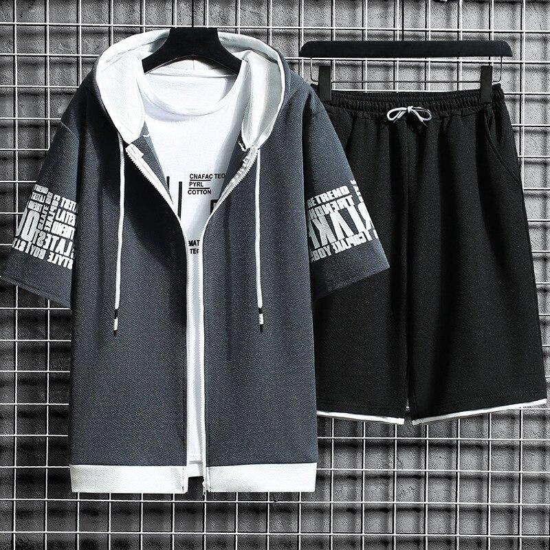 Fashion Men's Sets Hooded Summer Casual Sportswear Men Short Sleeve Zipper Tops+shorts 2 Piece Hip Hop Streetwear Male Tracksuit