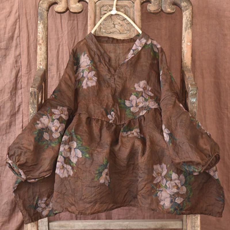 Johnature Женские винтажные футболки Ramie, футболки с v-образным вырезом и длинными рукавами, цветочный принт, одежда высокого качества, весенние свободные футболки