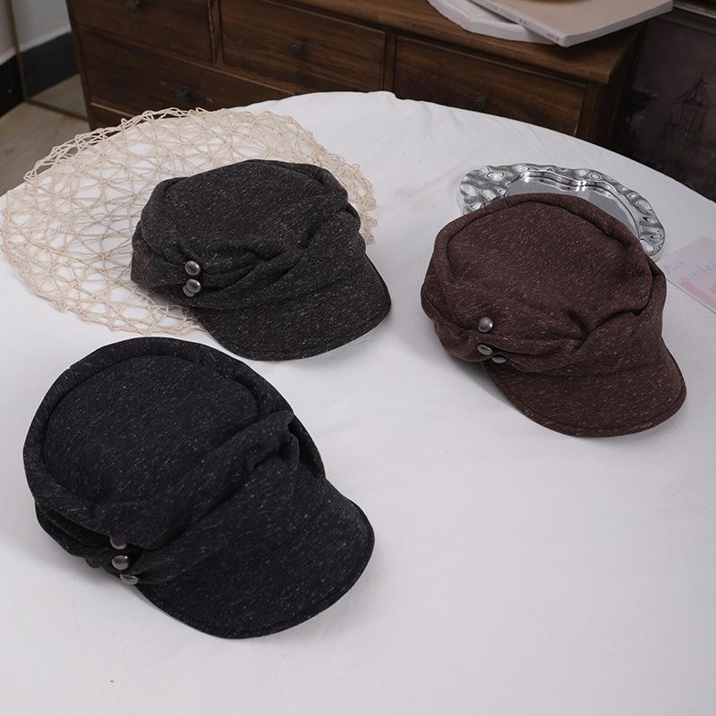 Retro pleated button equestrian hat women's autumn new Korean version versatile face small octagonal hat casual beret