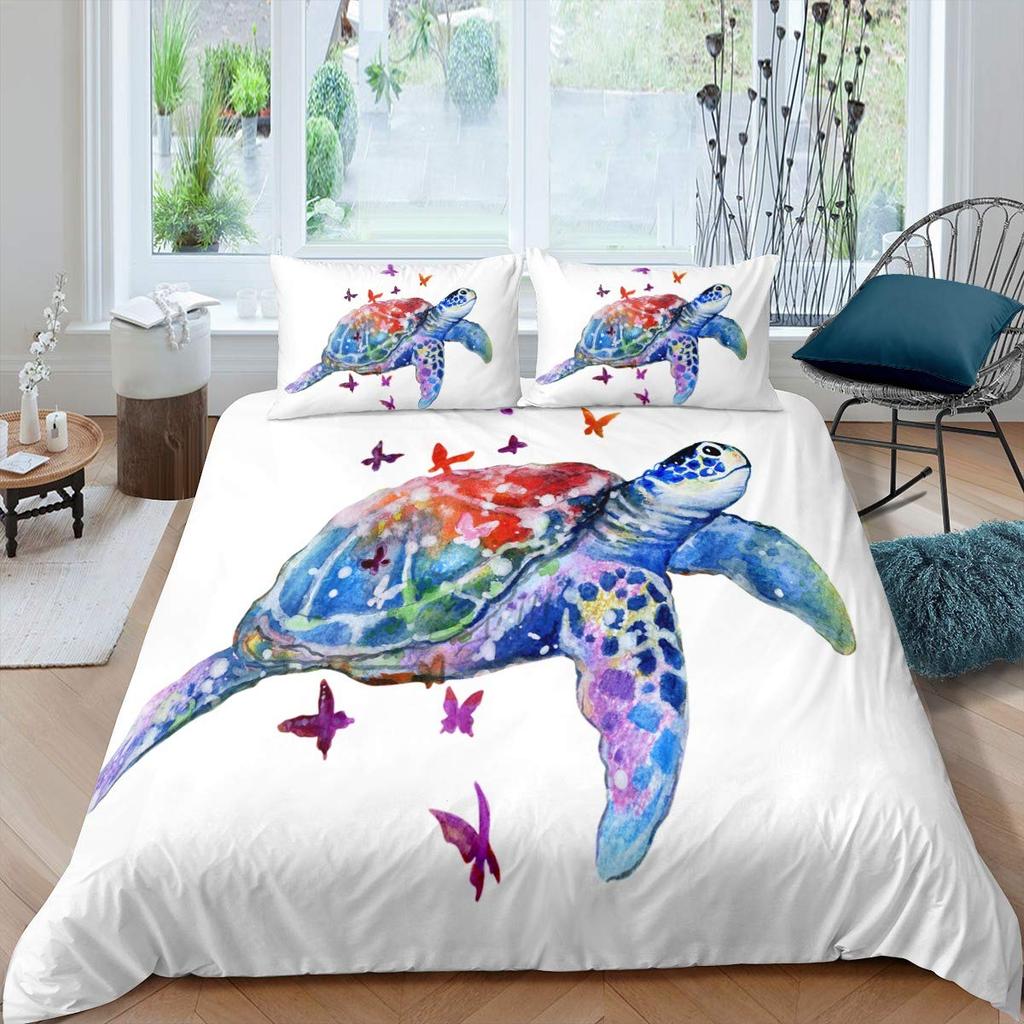 Turtle Butterfly And Flower Duvet Cover For Kids Boys Girls Lightweight Quilt Cover With 2 Pillowcase Cartoon Turtle Bedding Set