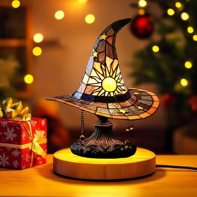 Halloween Wizard Hat USB Powered Nightlight Handcrafted LED Resins Colorful Witch Hat Table Lamp For Desktop Display