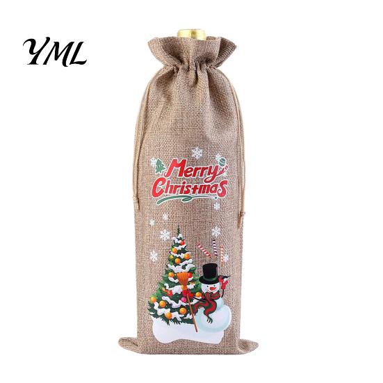 Portable Wine Bottle Protectors Christmas Bag, Vintage Drawstring Sleeve, Reusable Faux Gift Wrap Linen Cover Clothes for New Year Wedding Holiday