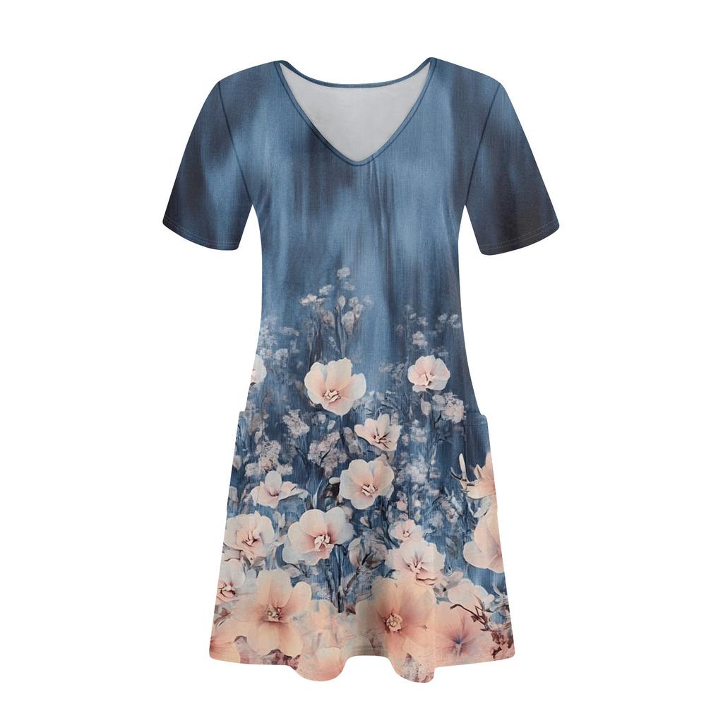 Женский повседневный сарафан с карманами, летнее пляжное платье в стиле бохо, цветочные блузки для женщин, футболки, платья с V-образным вырезом, свободные платья