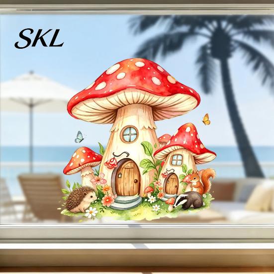 Decorative PVC Window Clings for Home Watercolor Forest Fairy Static Cling, Mushroom Elf Cottage Glass Decal Versatile Party Decoration Decals