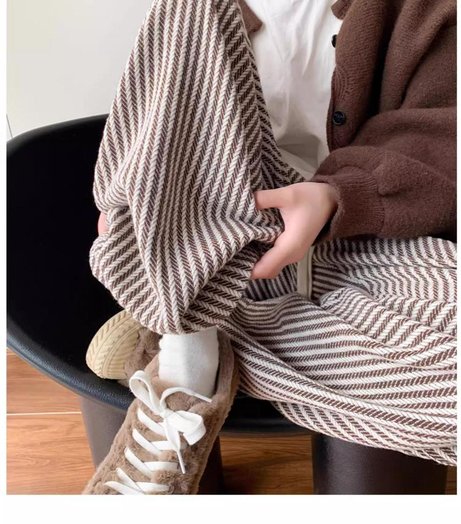 Women's Coffee Pinstripe Wool Pants: Petite 150, High-Waist, Wide/Narrow Leg, Autumn/Winter Drape