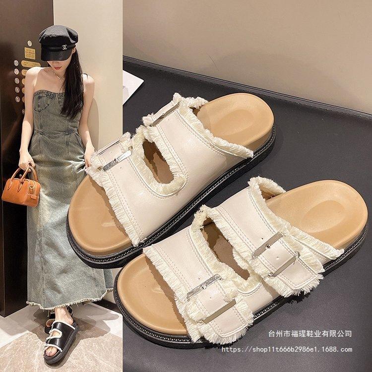 Летний новый продукт плоская подошва нескользящие круглый носок открытый носок женские плоская подошва нескользящие крутые тапочки однотонные женские туфли черный бежевый