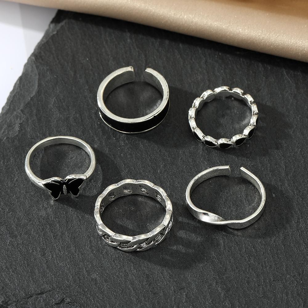5 шт. винтажные металлические кольца серебряного цвета для женщин, модные ювелирные изделия с черной бабочкой