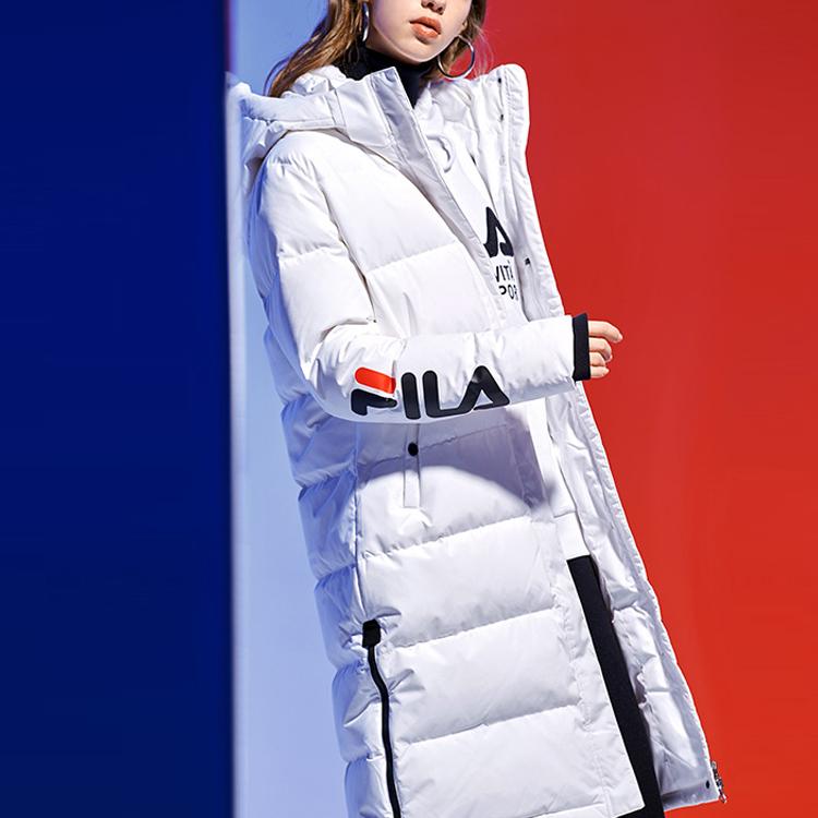 Fila Sports Warm Printed Logo Mid-Length Hooded Down Jacket Women Outerwear White F51W048940FWT