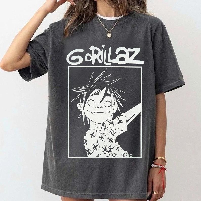 Gorillaz Винтажный Портрет Группы Графическая Футболка Оверсайз Черная Хип-Хоп Рок Уличная Одежда Унисекс Футболки