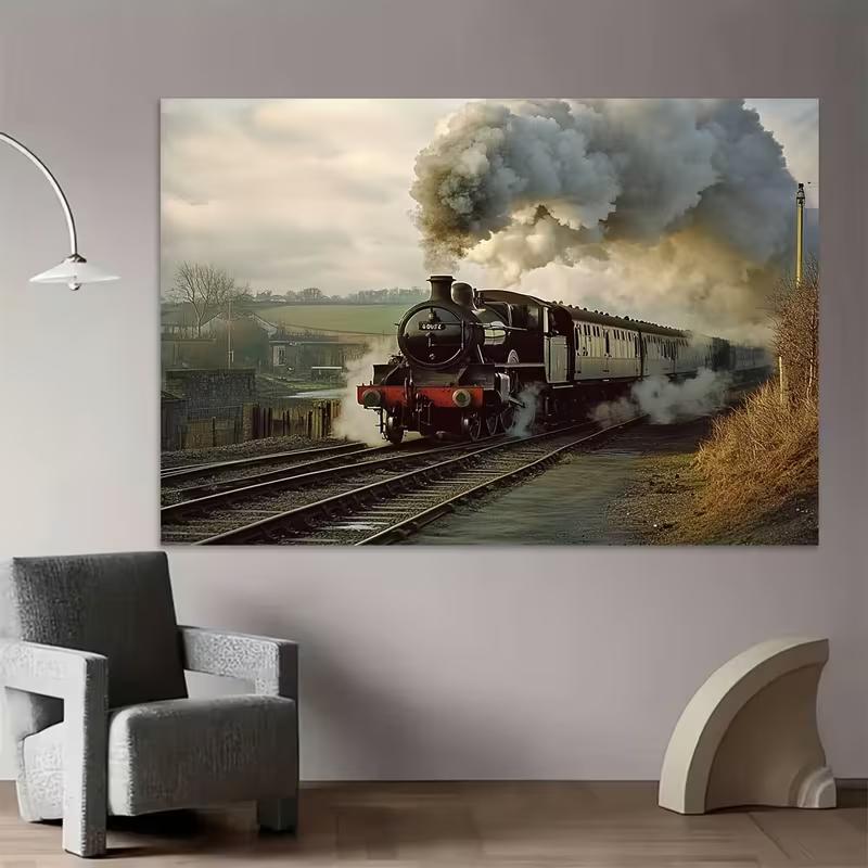 2D Black Steam Locomotive Backdrop Old Countryside Railway Photo Booth Background