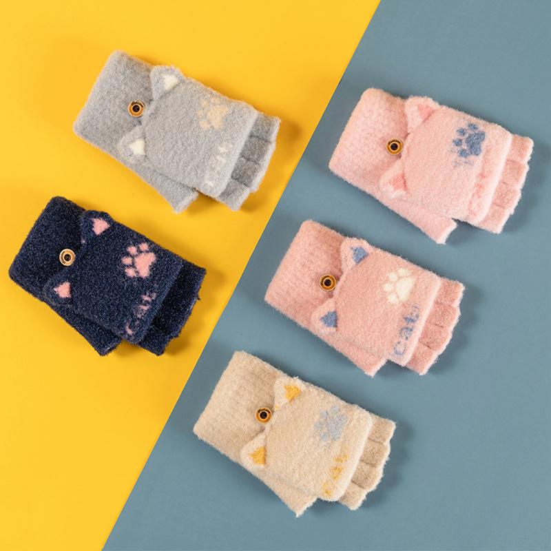 Женские зимние перчатки с милым рисунком, откидные теплые студенческие вязаные перчатки с полупальцами для письма