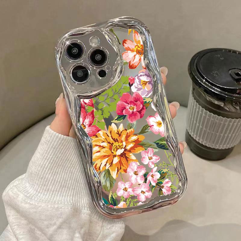 Глянцевый зеркальный чехол с красивым цветочным принтом для iPhone 15 14 Pro 13 Pro Max 12 11 Wave Frame, мягкий противоударный защитный чехол из ТПУ