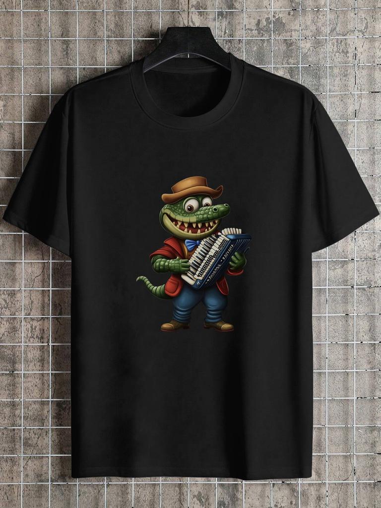 1pc Cartoon Crocodile Accordion Player Graphic Black unisex T-Shirt