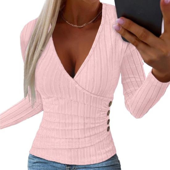 Женские осенние однотонные топы с глубоким v-образным вырезом и длинными рукавами, элегантные облегающие пуловеры с декором на пуговицах, топы в рубчик