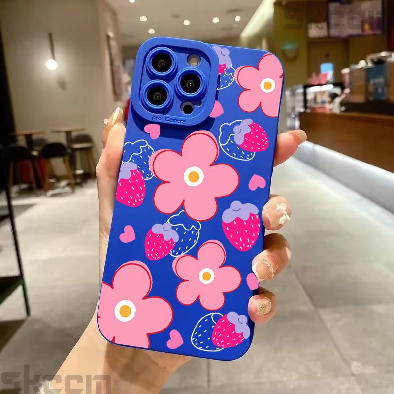 Colorful Flowers Strawberry Silicone Case For Samsung Galaxy S25 S24 S23 Ultra S22 S21 Plus S20 FE A55 A54 A15 A35 Soft Cover