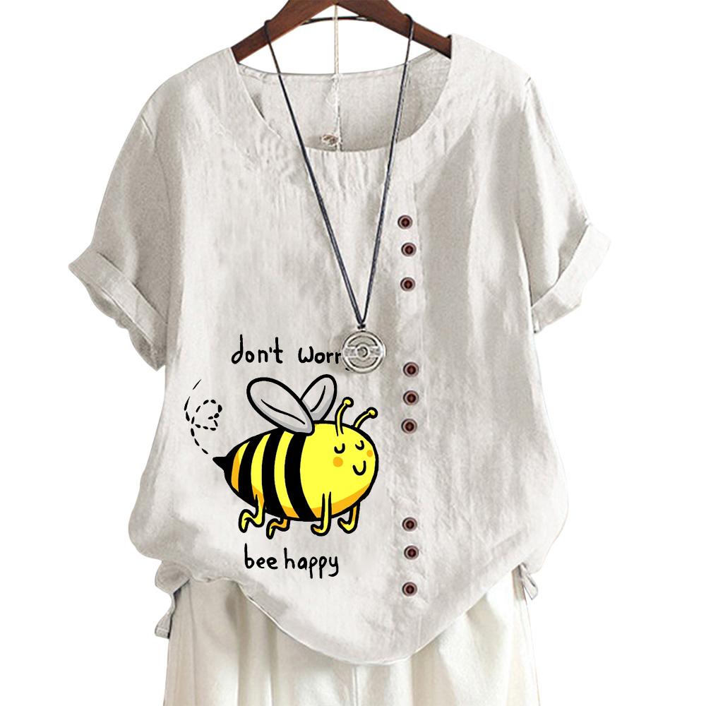 Women's Cotton Casual Top with 7 Unique Print Patterns, Round Neck, Short Sleeves, Button Embellishments