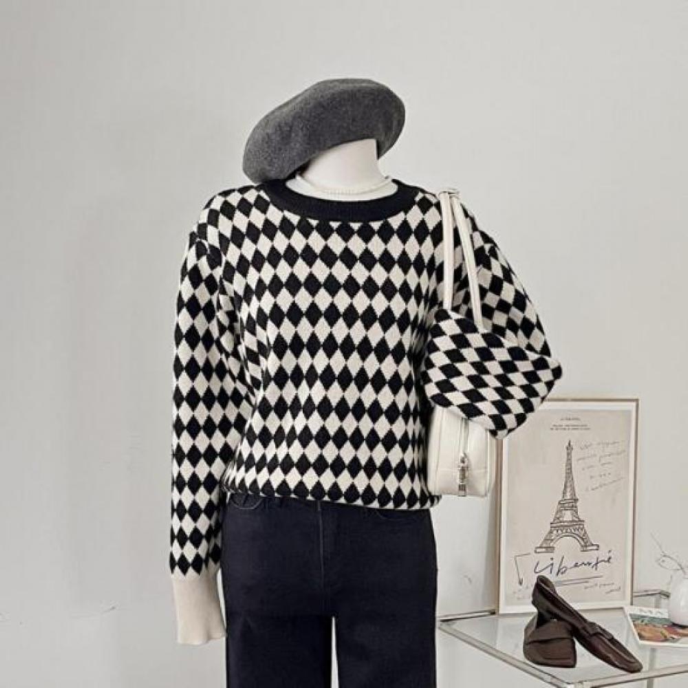 New Arrivals Open Run Women Argyle Knit Crew Neck Sweatshirt Color Block Winter