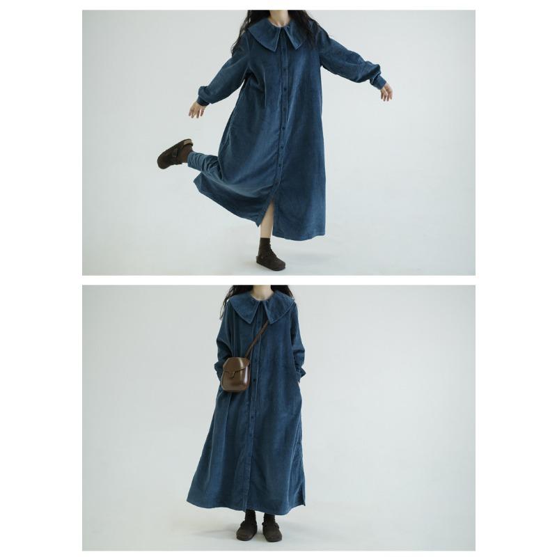 Платье свободного кроя с длинными рукавами и однотонным темно-синим воротником. Женское осеннее винтажное вельветовое облегающее однобортное платье в стиле «атмосфера»