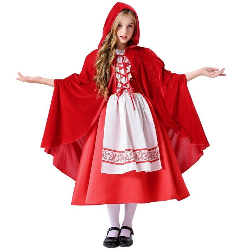 Halloween Costume Girls Red Riding Hood Cosplay Dress Theater Performance Outfit With Lace Trim Pleated Satin