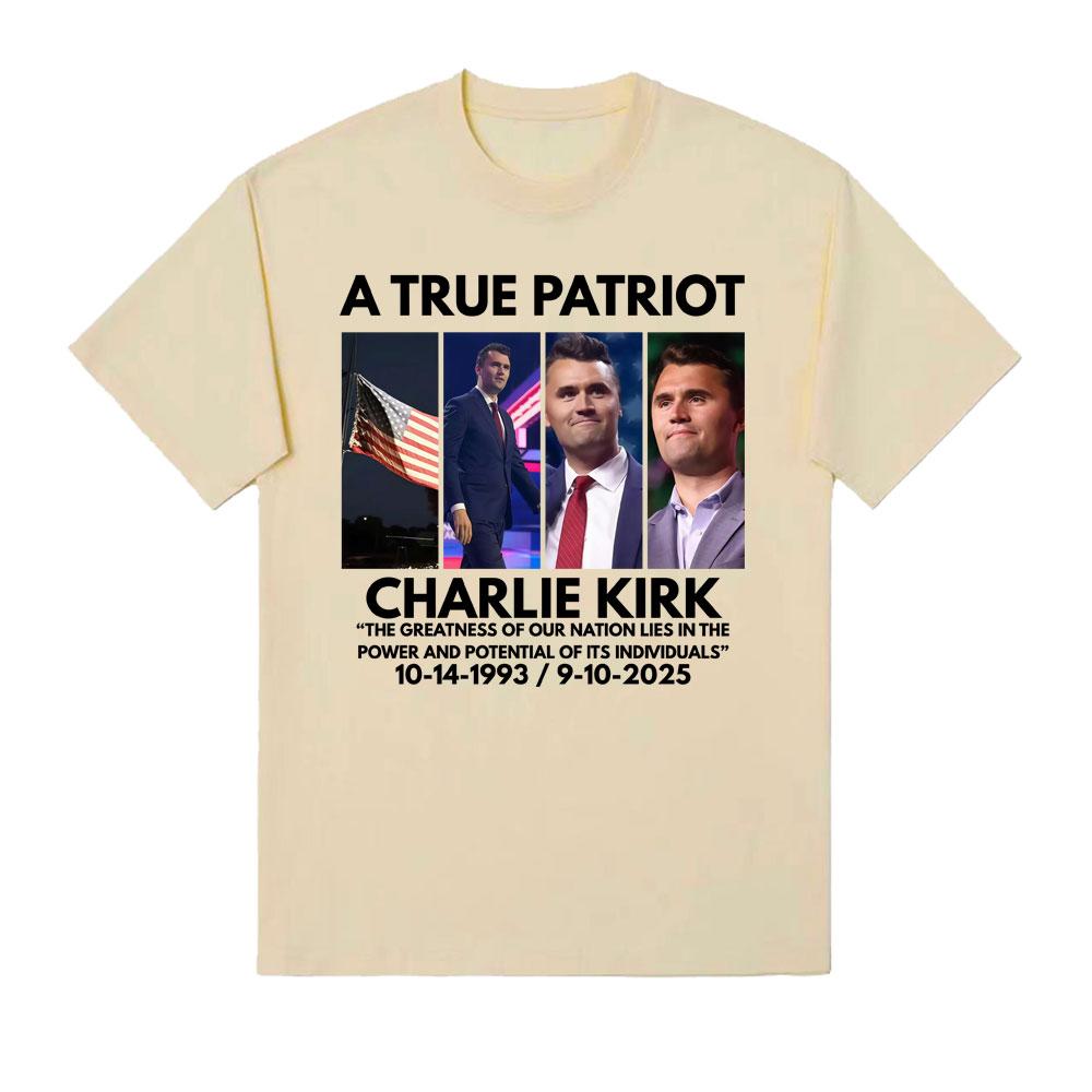 Discover The Patriotic Memorial of The American Flag True Patriot Charlie Kirk T-shirt 2025summer Printed Cotton T-shirt