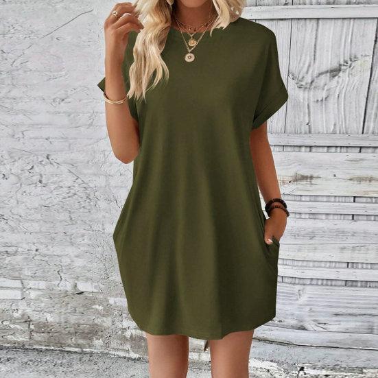 Женское летнее платье, однотонное, с круглым вырезом, с короткими рукавами, свободные боковые карманы, повседневное, дышащее, мягкое, повседневное, для офиса, свиданий, мини-платье