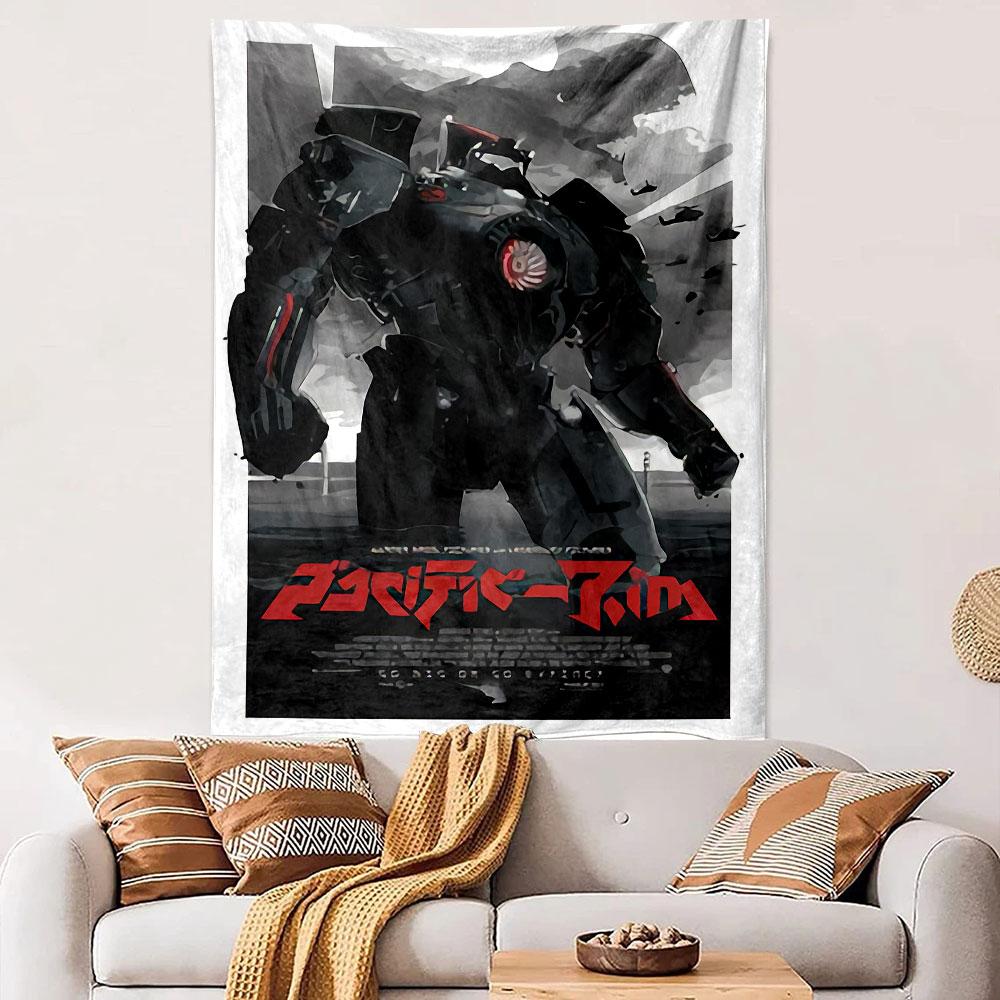 Pacific Rim Japanese Poster Tapestry Wall Hanging, Kaiju Robot Battle Film Art, Sci-Fi Wall Decor for Bedroom Living Room Man Cave
