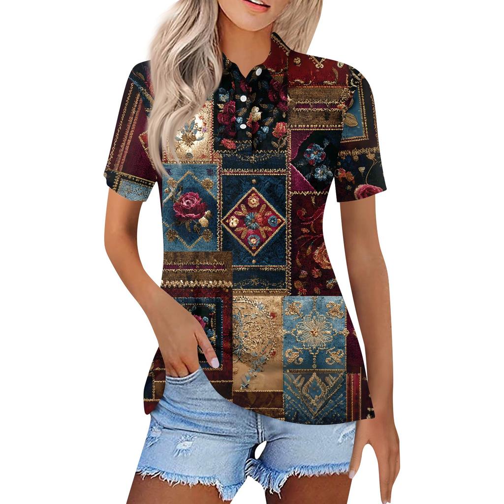 Женская модная повседневная рубашка с отворотом и коротким рукавом с принтом, женские топы на пуговицах