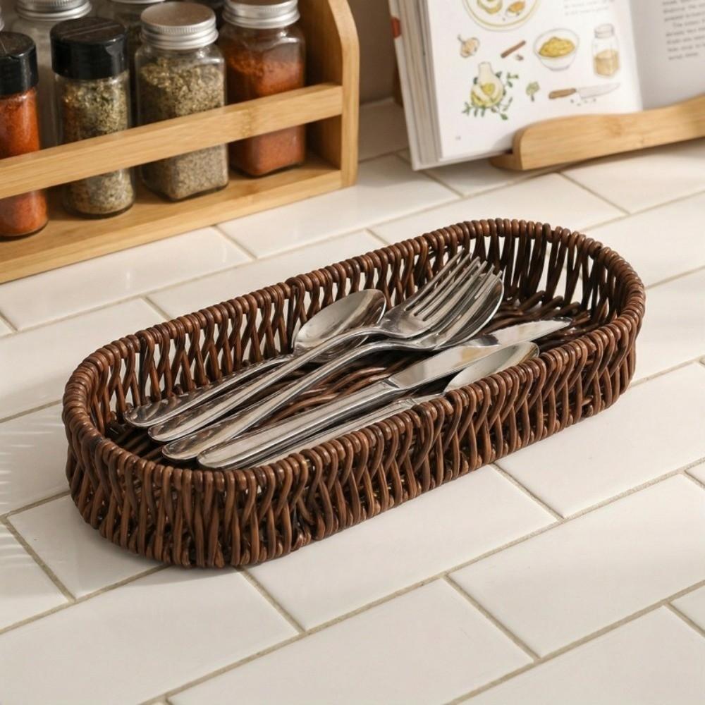 Retro Tableware Storage Basket Minimalist Desk Shelf Baskets Faux Wicker Tray Kitchen Utensils