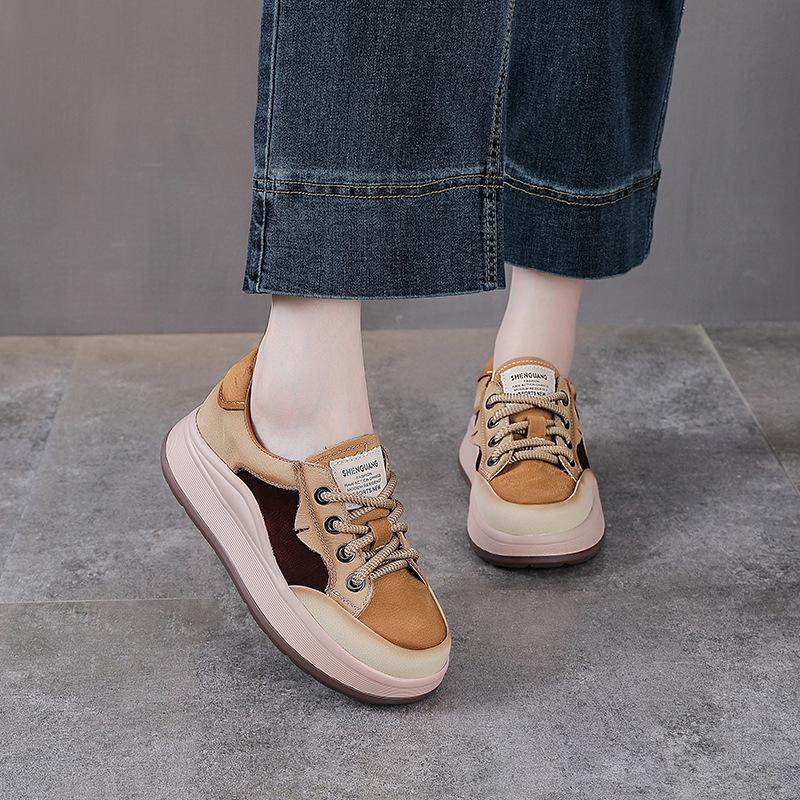 Autumn Women's Thick Sole Genuine Leather Lace-up Casual Shoes - Colorblock Low-top Spring Design