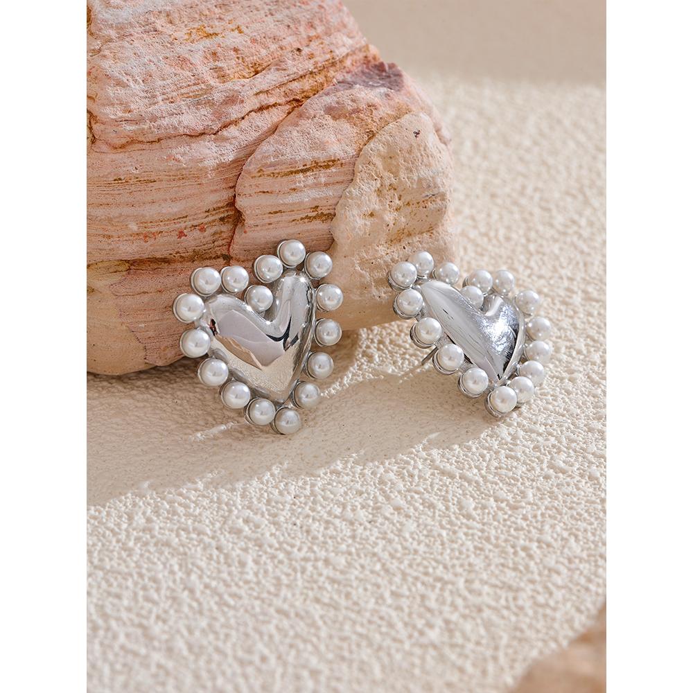 Yhpup Heart Imitation Pearls Stainless Steel Fashion Lover Stud Earrings Prevent Allergy Metal Exquisite Waterproof Jewelry Gift