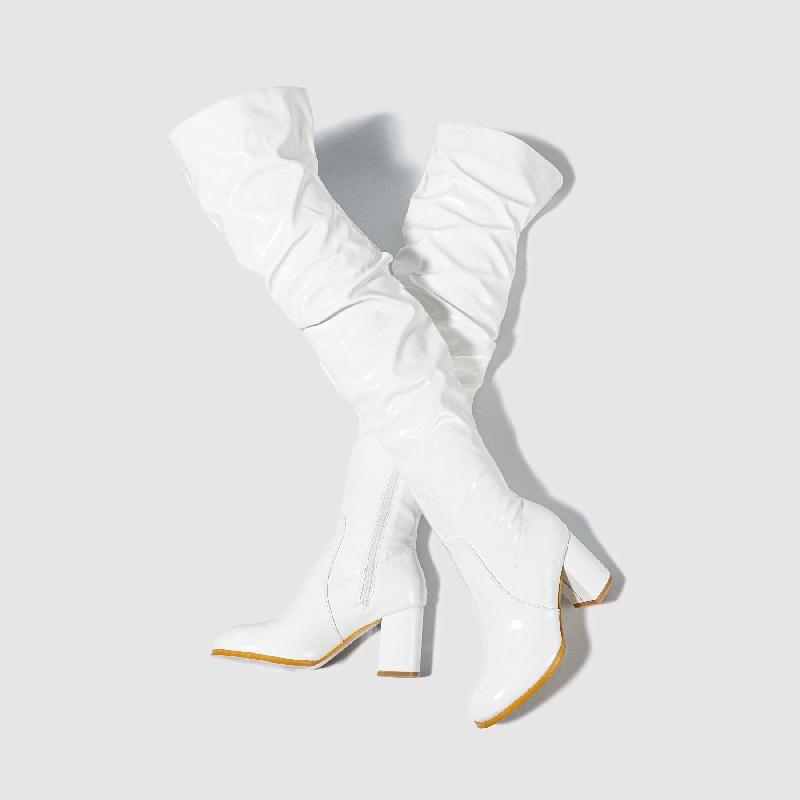 Eilyken Winter Patent Leather Women Over-the-knee Boots Fashion Nightclub Round Toe Zip Booties Square High Heels Ladies Shoes