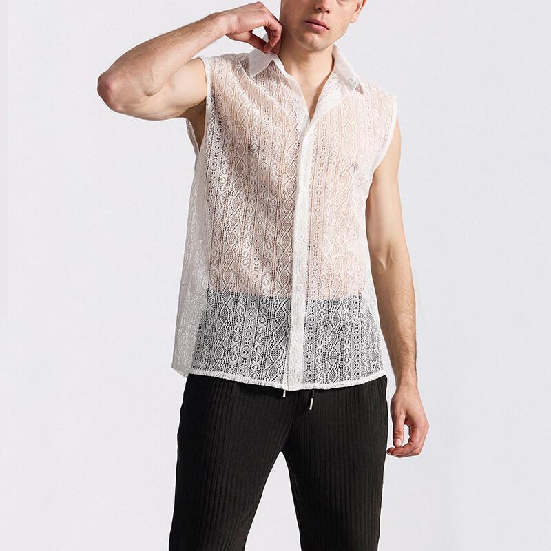 Летняя мужская сетчатая кружевная трикотажная рубашка уличная одежда без рукавов танцевальные рубашки перспектива ночные клубы диско топы для выступлений