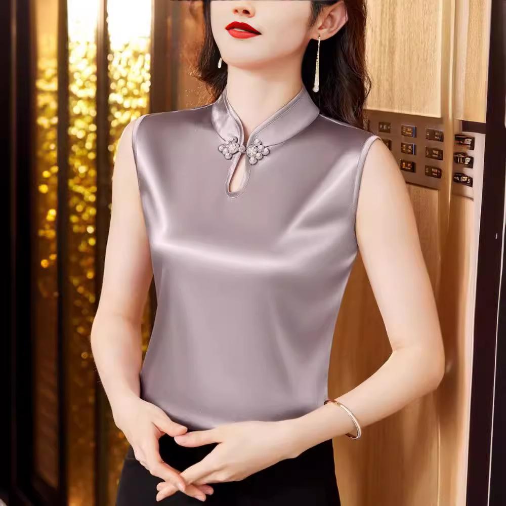 Жилет с воротником-стойкой для женщин, внутренние топы на лето, новый китайский стиль, пряжки в китайском стиле снаружи с атласными лямками