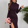 Autumn Fashion Ethos Medium High Neck Pleated Slit Slim Long-sleeved Dress Woman