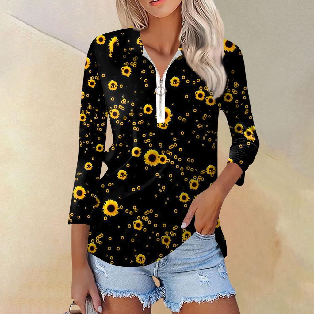 Женская повседневная футболка с v-образным вырезом и семью рукавами, пуловер с половиной молнии и принтом подсолнечника