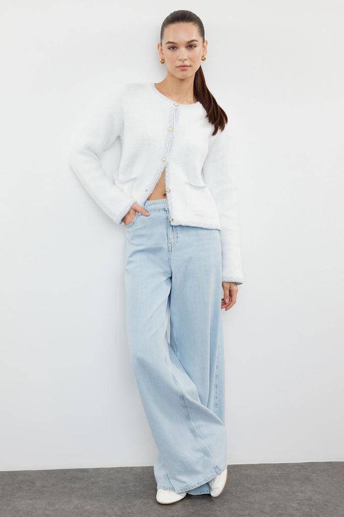 Женский модный стильный кардиган цвета экрю, пушистая куртка, трикотаж, кардиган