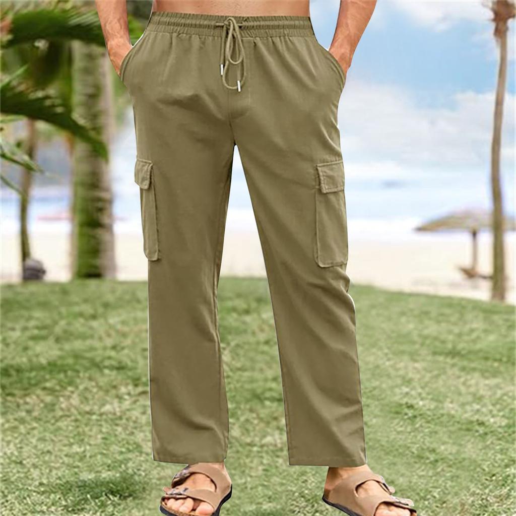 Брюки-карго из хлопка и льна с дышащей эластичной талией и шнурком, мужские повседневные свободные летние пляжные брюки